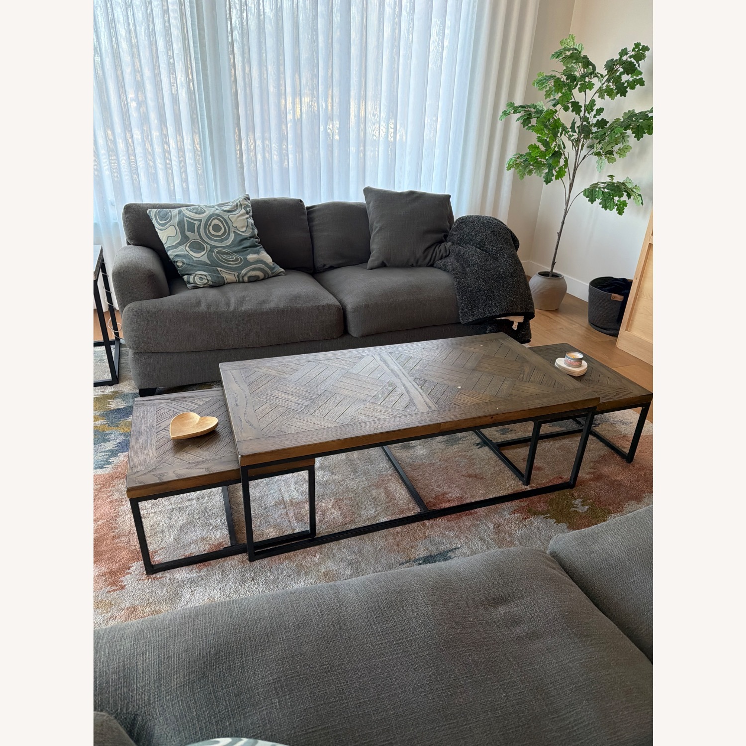 Dark Brown Wood Coffee Table Metal Base - image-1