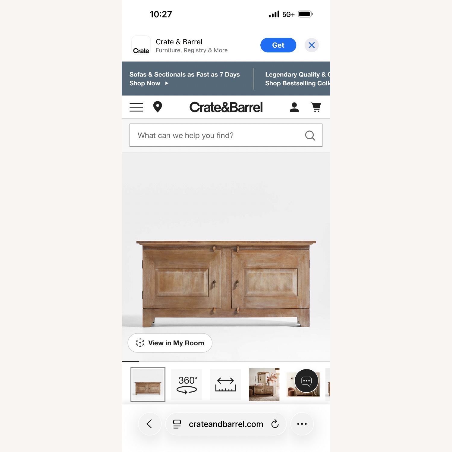 Crate & Barrel Basque 68" Weathered Light Brown Solid Wood Credenza - image-6