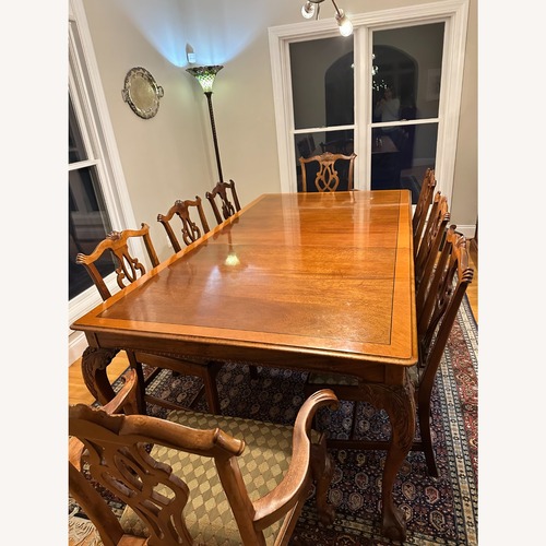 Used Sickley Dining Table and 10 Chairs with 3 Leaves for sale on AptDeco