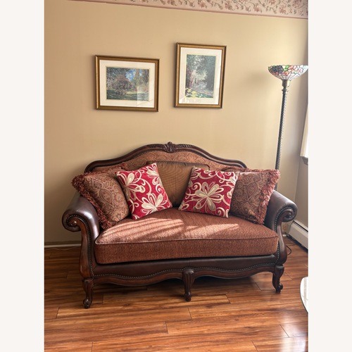 Used Raymour & Flanigan Loveseat With Leather Armrest for sale on AptDeco