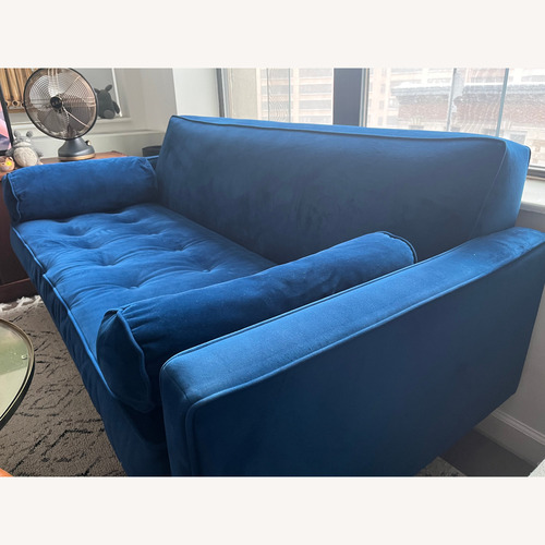 Used Apt2b Monroe Blue Velvet Sofa + Joybird Pillows for sale on AptDeco