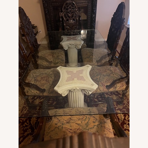 Used Custom Glass Top Table W 2 Solid Terrazo Columns for sale on AptDeco