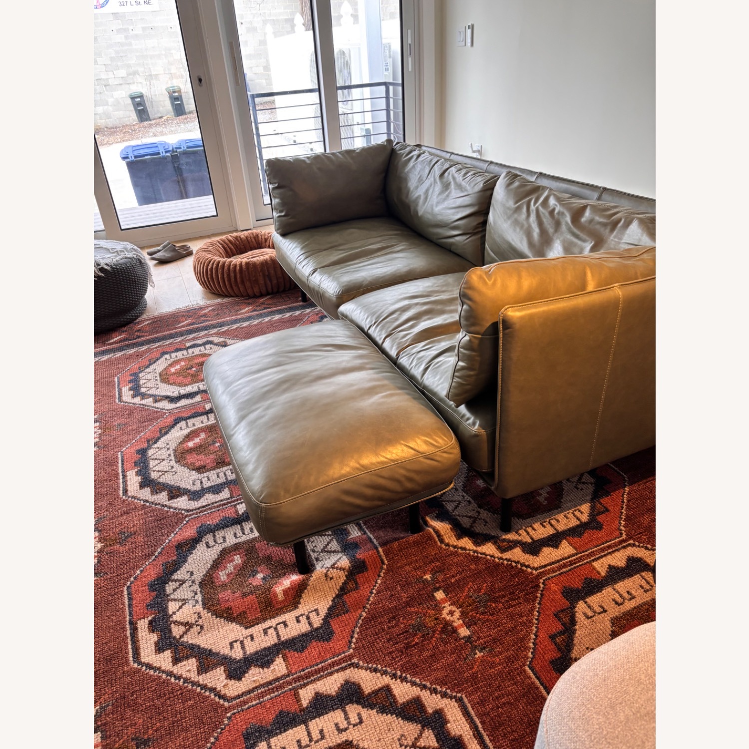 Crate & Barrel Wells Green Leather 3+ Seater Sofa - image-3