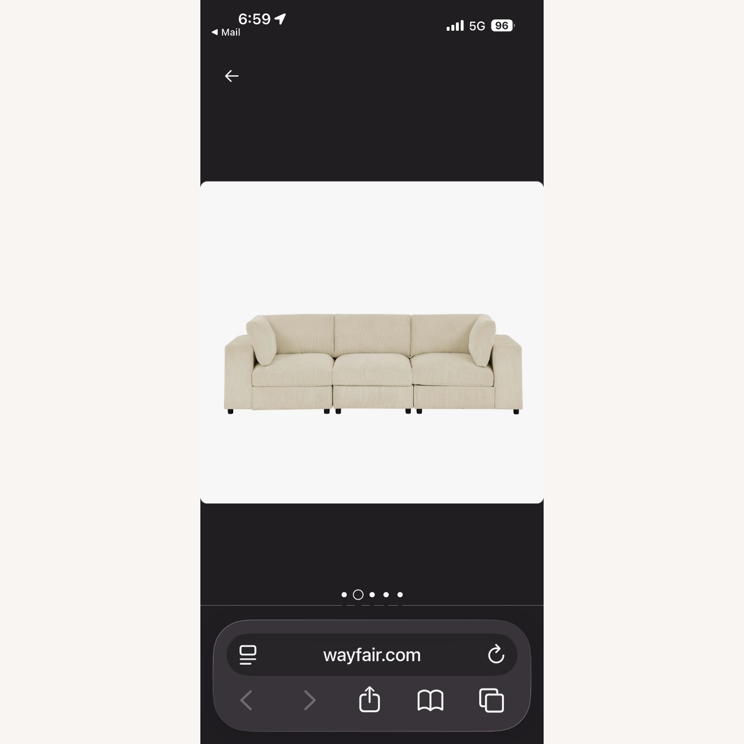 108” 3 Sectional Cream Corduroy Couch - image-1
