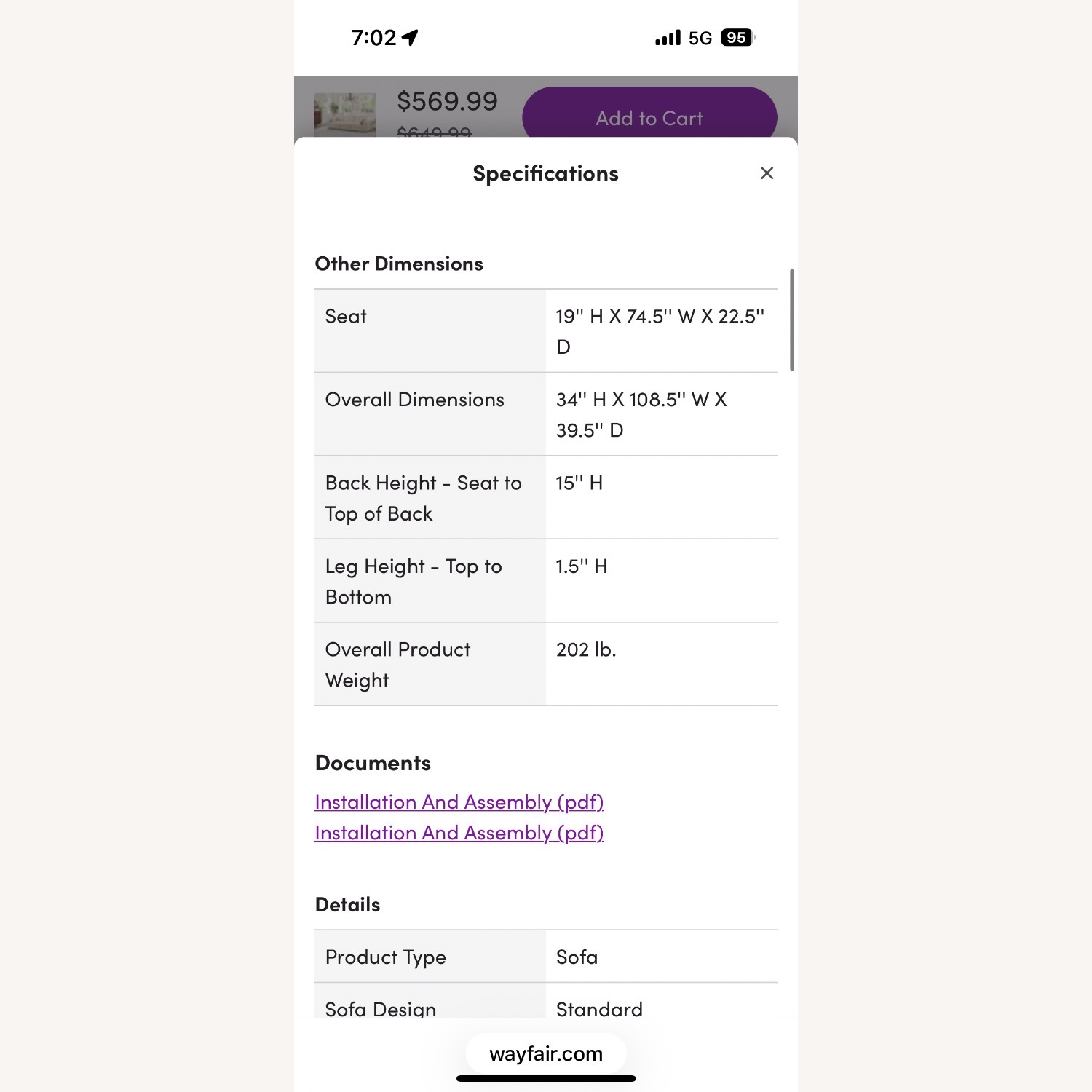 108” 3 Sectional Cream Corduroy Couch - image-6