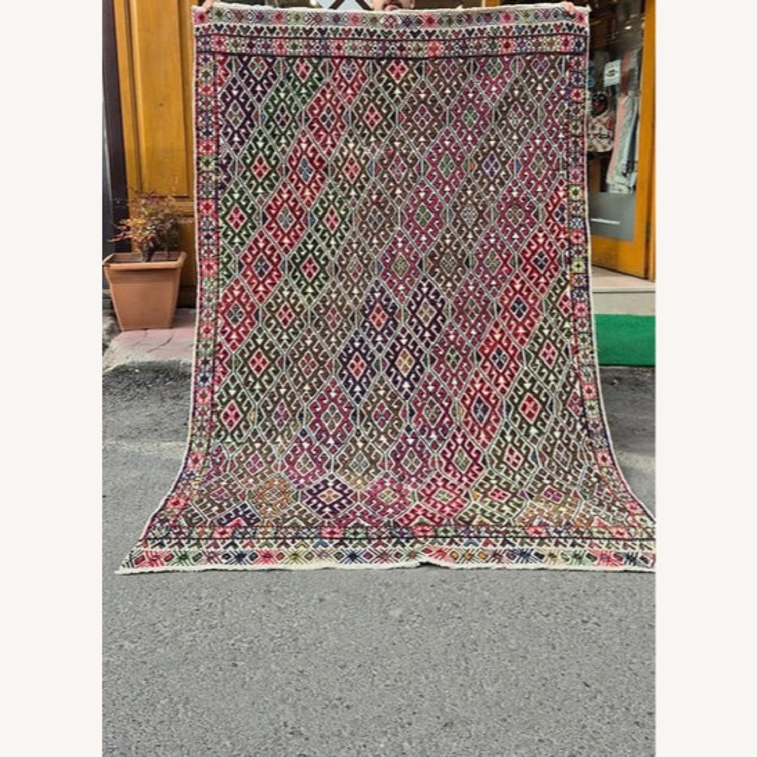 Vintage Wool Turkish Kilim Area Rug 5' x 7' Pink - image-0