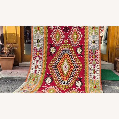 Used Turkish Handwoven Rug | Mid-Century Oriental Kilim for sale on AptDeco