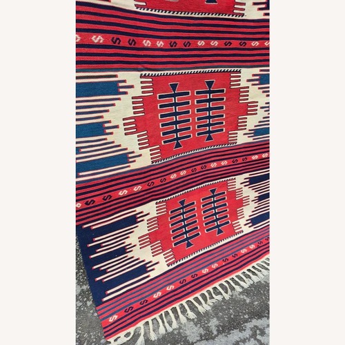 Used Southwestern Geometric Kilim in Red / Indigo / Oat for sale on AptDeco