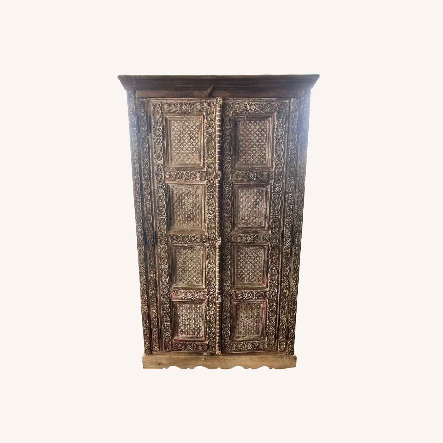 Rare Antique Carved Door Teak Desk Armoire - image-0