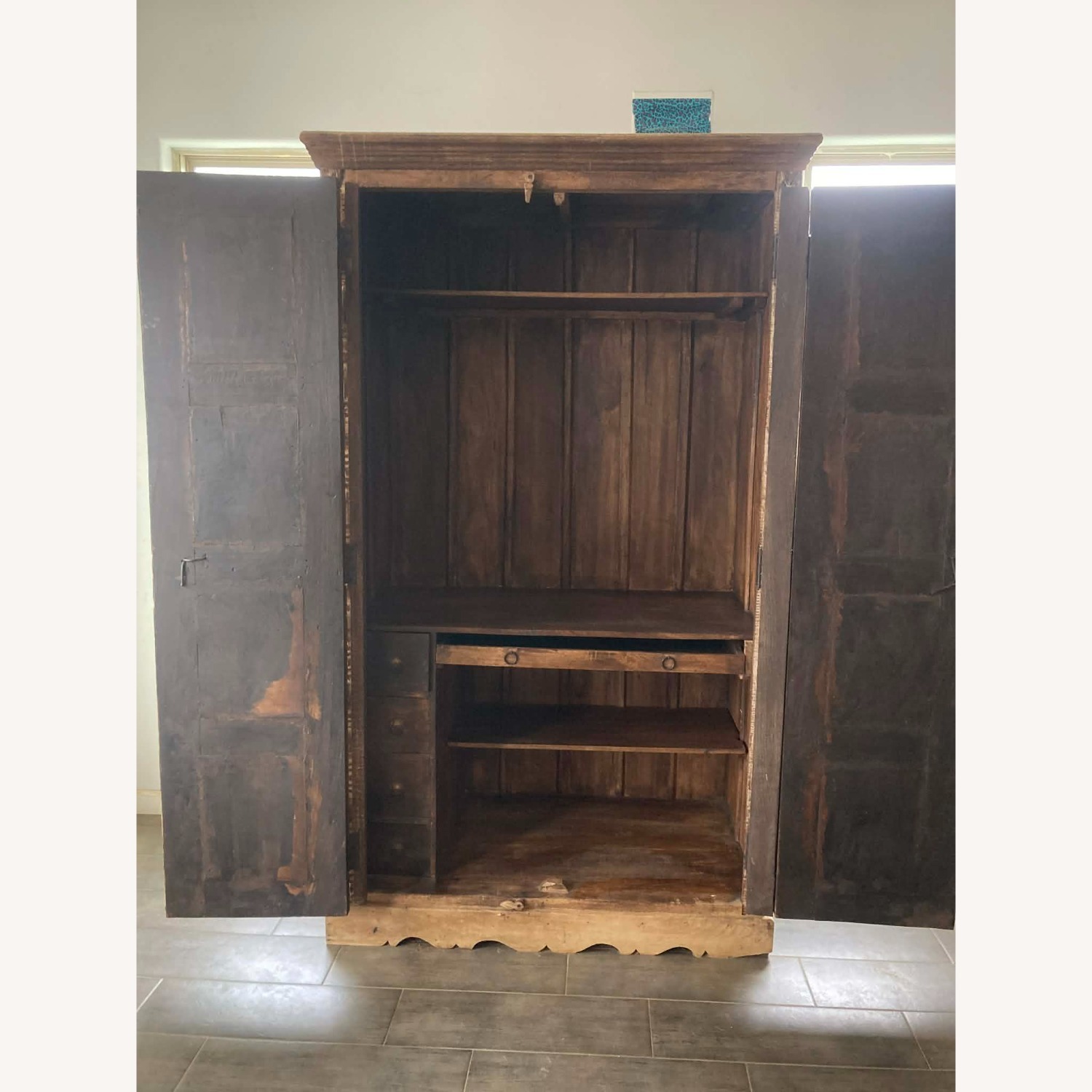 Rare Antique Carved Door Teak Desk Armoire - image-1