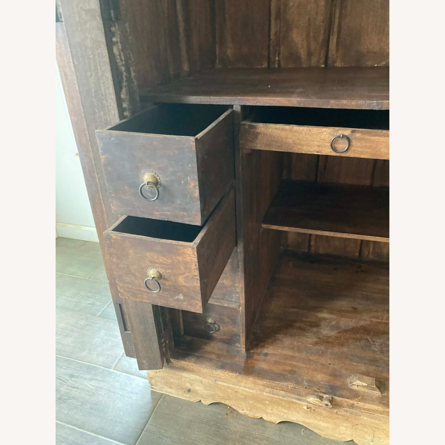 Rare Antique Carved Door Teak Desk Armoire - image-5