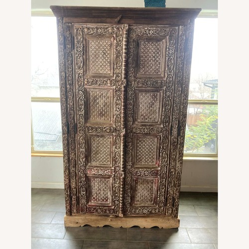 Used Rare Antique Carved Door Teak Desk Armoire  for sale on AptDeco