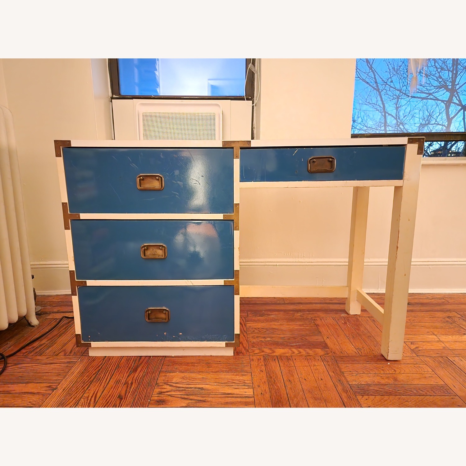 Vintage Campaign Style Blue Wood Desk - image-1
