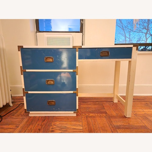 Used Vintage Campaign Style Blue Wood Desk for sale on AptDeco