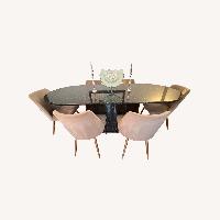 7.5’ Black Granite Dining Table 6 Grey Ultrasuede Chairs 