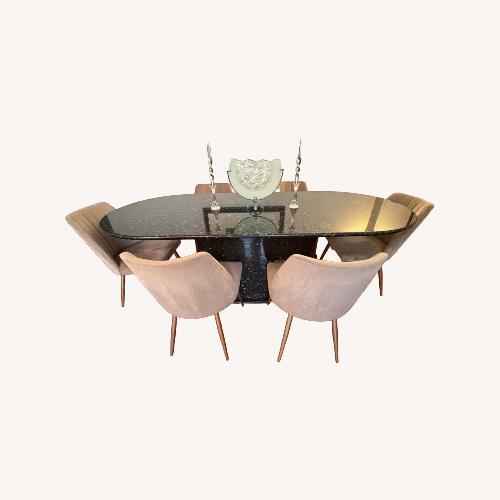 Used 7.5’ Black Granite Dining Table 6 Grey Ultrasuede Chairs  for sale on AptDeco