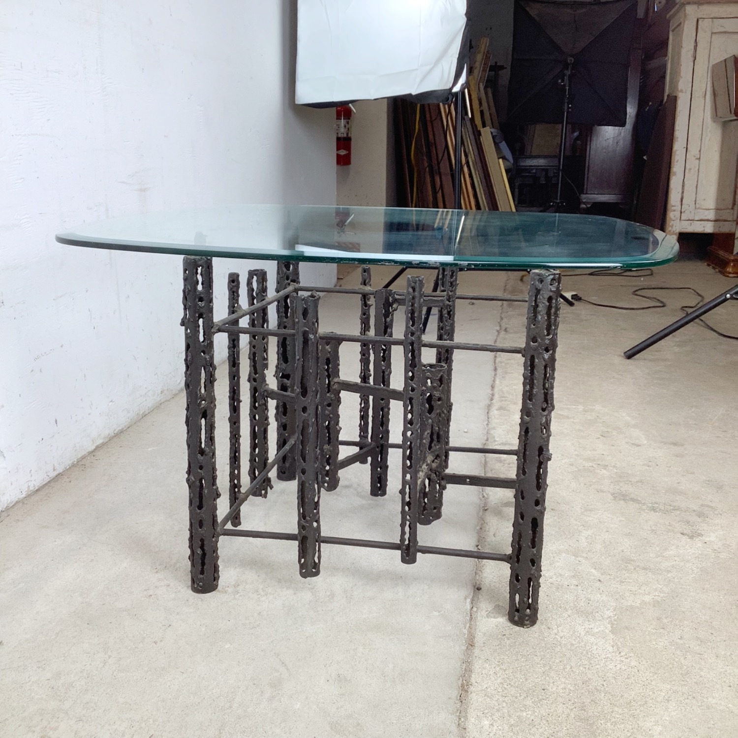 Sculptural Brutalist Glass and Steel Table, Signed - image-4