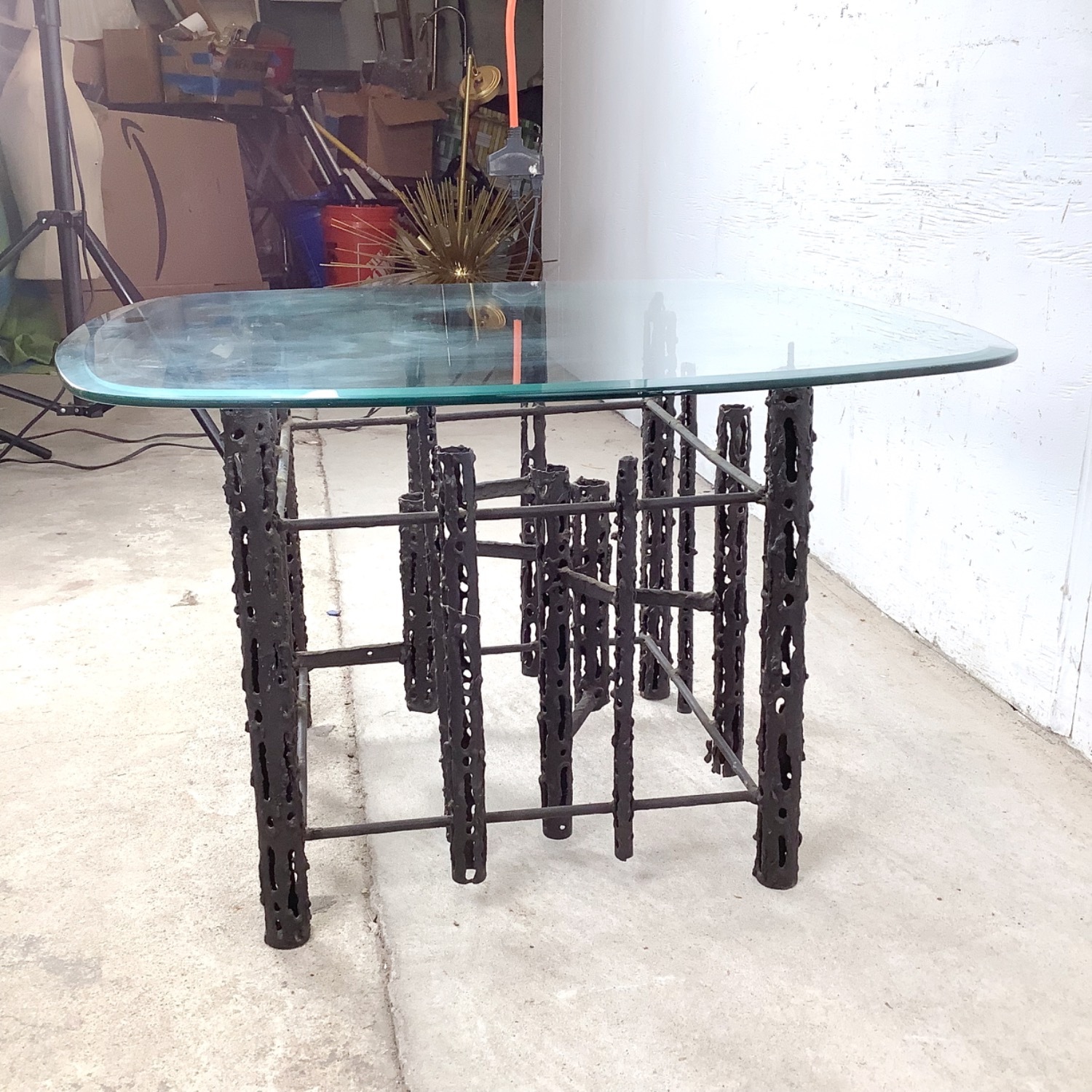 Sculptural Brutalist Glass and Steel Table, Signed - image-5