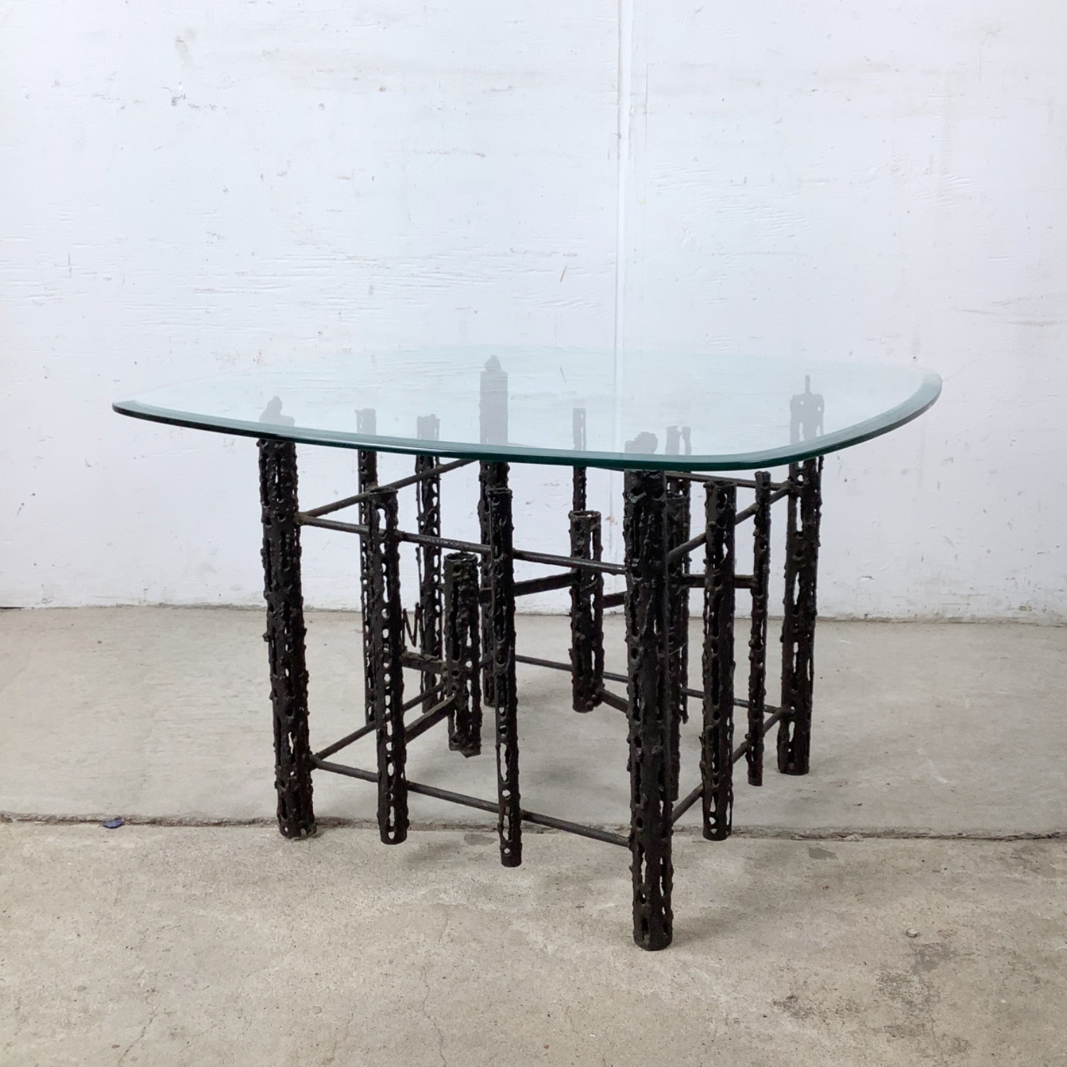 Sculptural Brutalist Glass and Steel Table, Signed - image-1