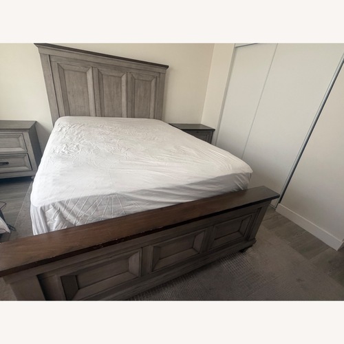 Used Light Gray Wood Queen Bed for sale on AptDeco