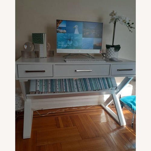 Used White 3-Drawer Desk with Bookcase Shelf - 48" for sale on AptDeco