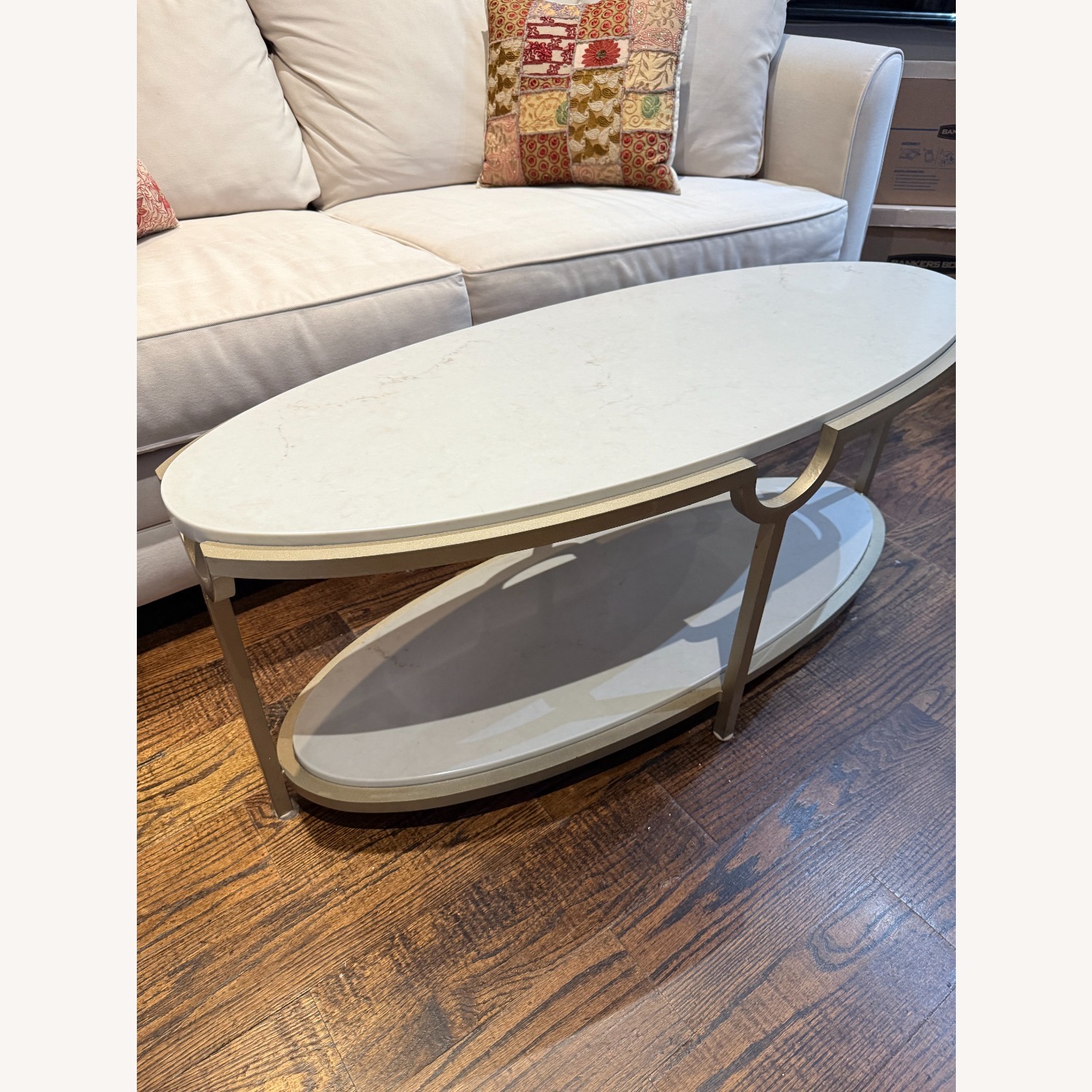 Elegant Steel and Stone Oval Coffee Table - image-1