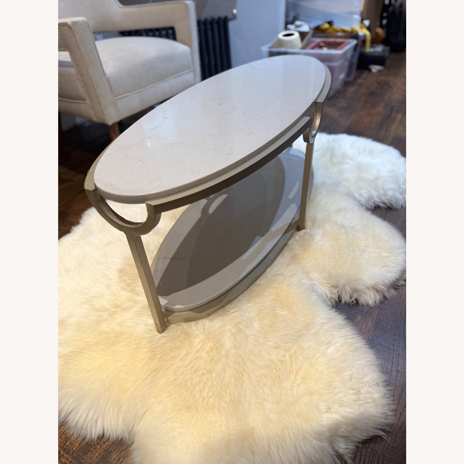 Elegant Steel and Stone Oval Coffee Table - image-5