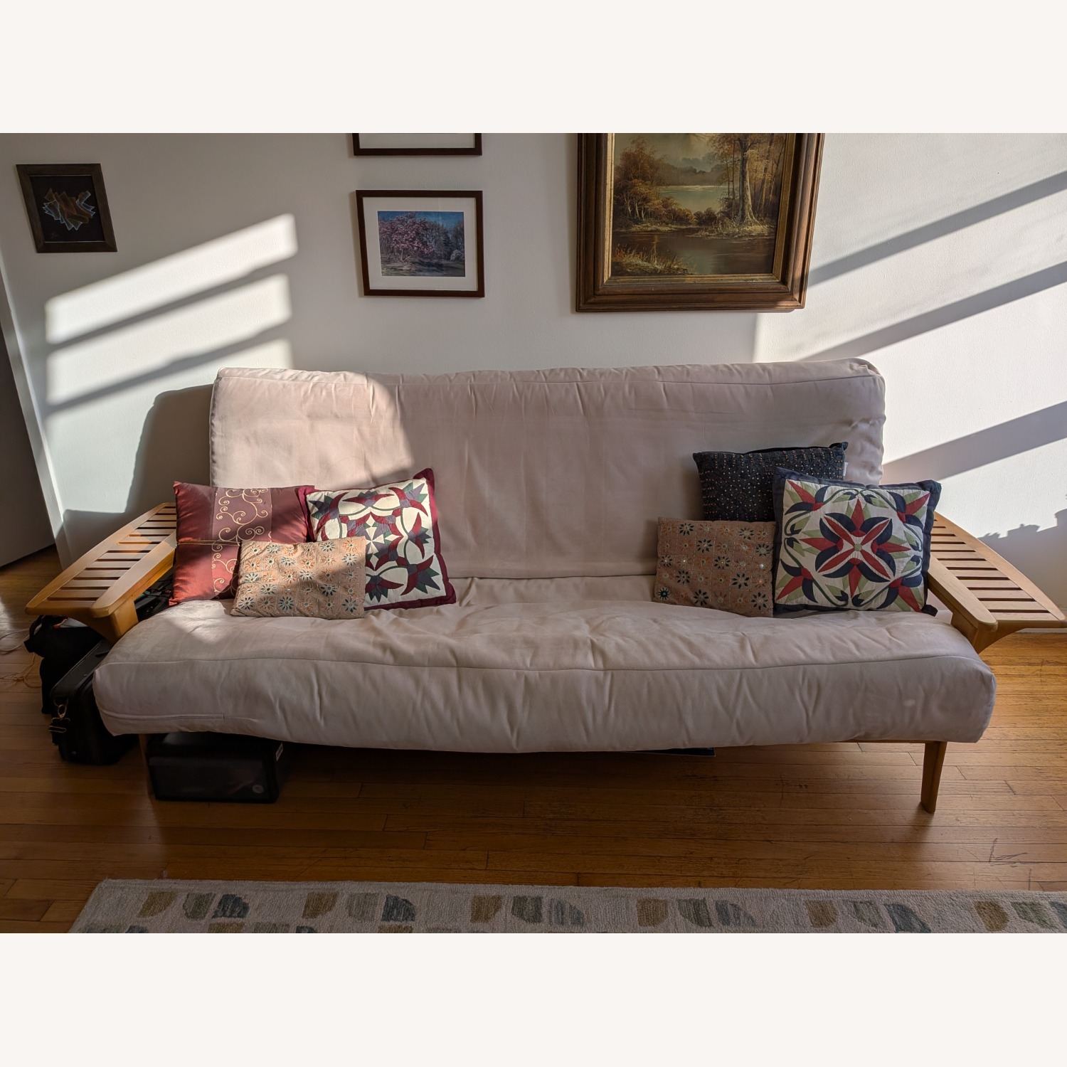 Queen-size futon with folding end tables - image-1