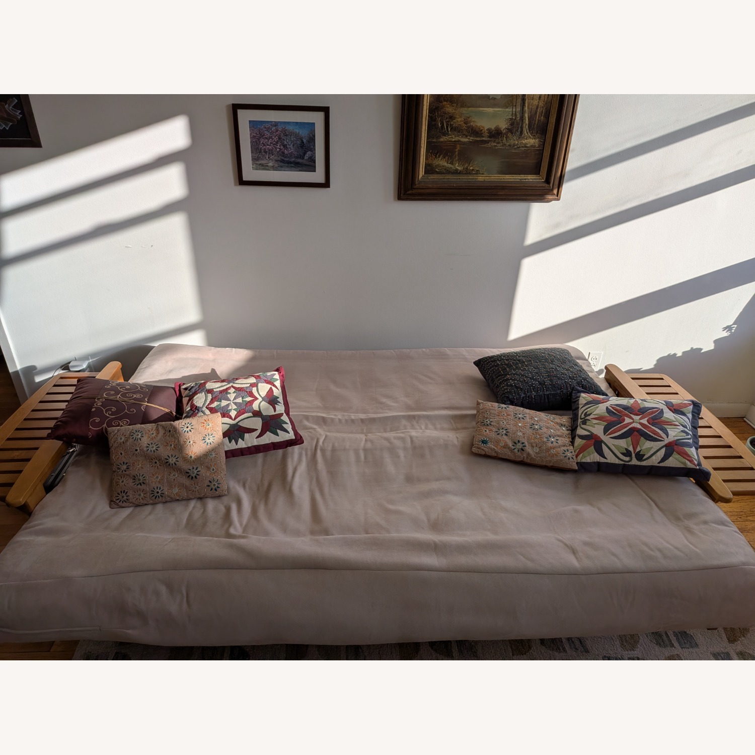 Queen-size futon with folding end tables - image-3