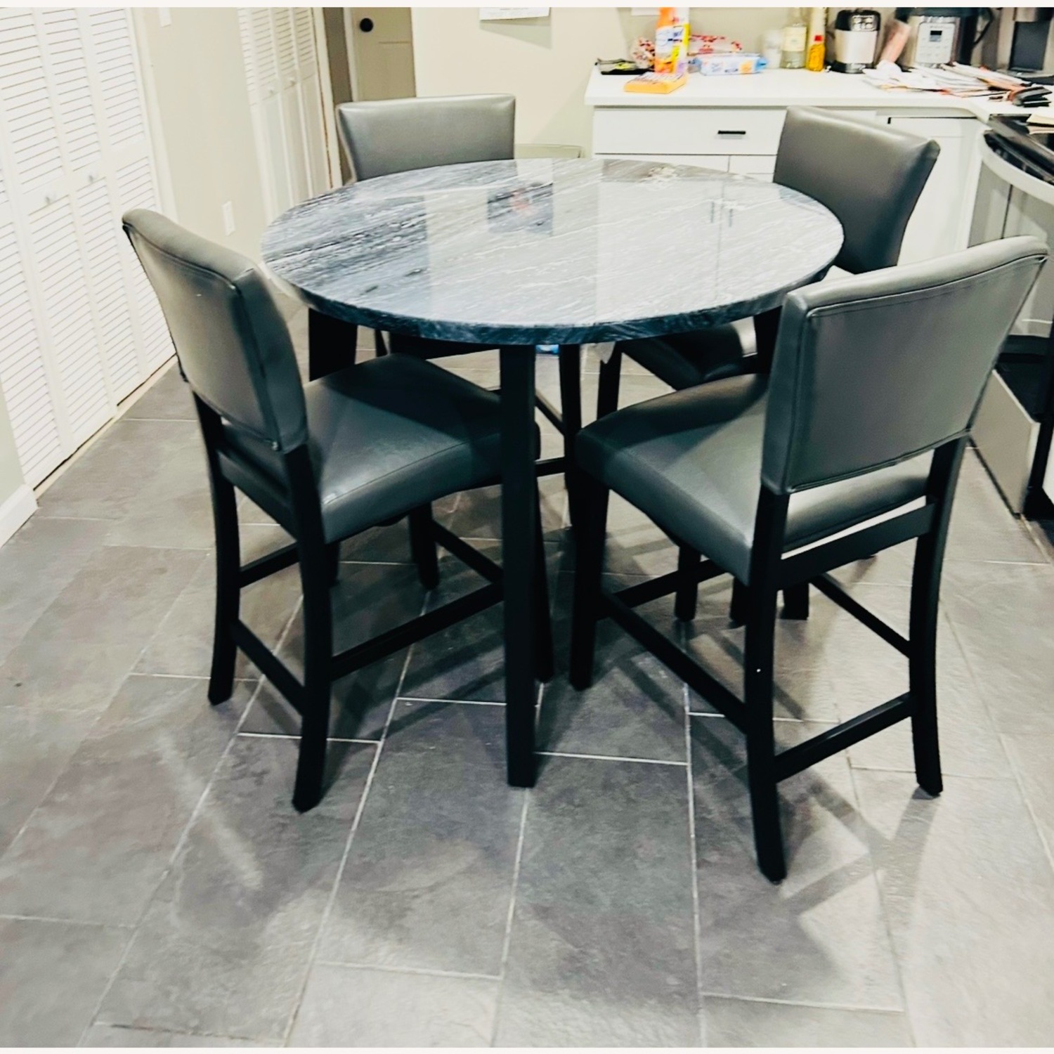 Dark Gray Marble Dining Set Leather Chairs - image-1