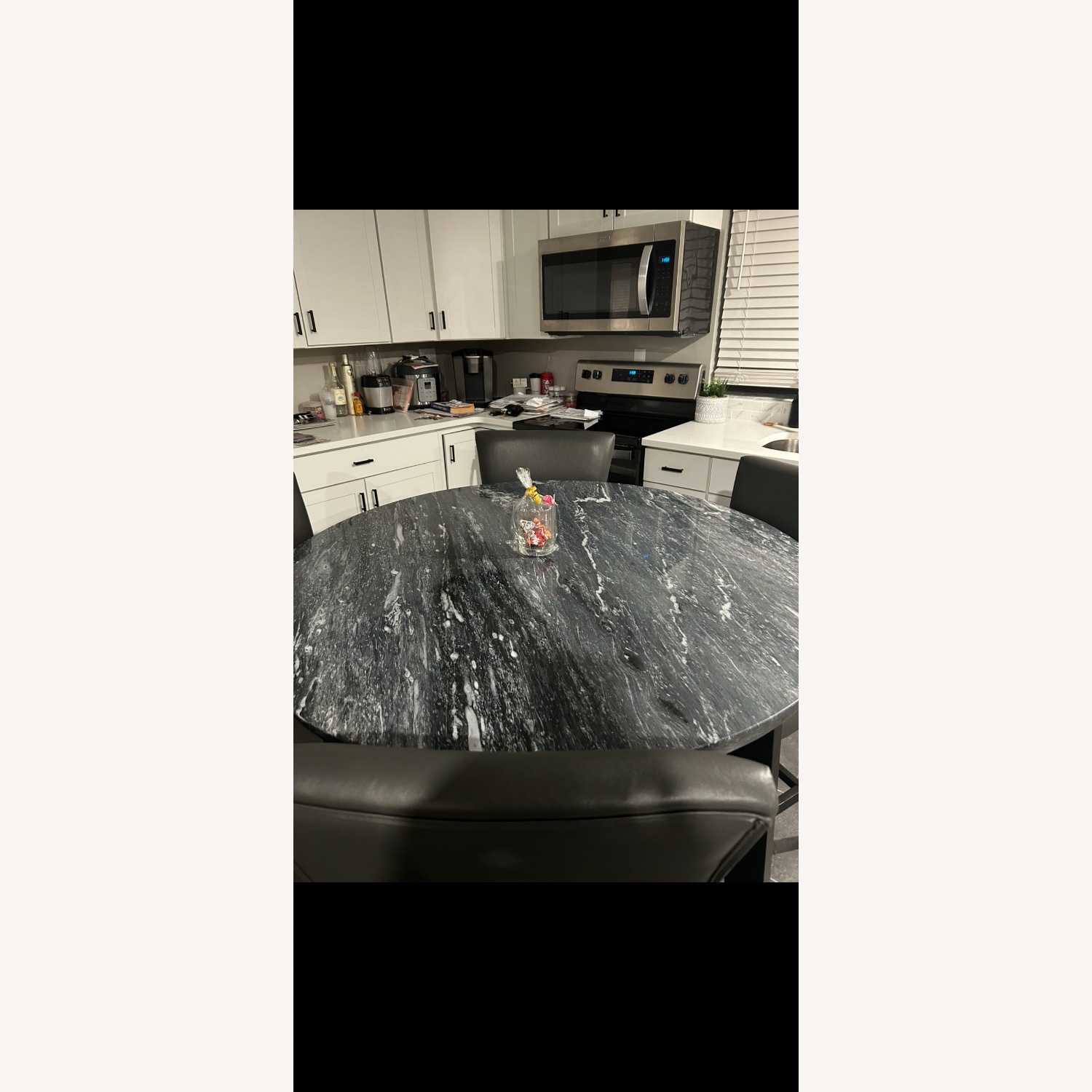 Dark Gray Marble Dining Set Leather Chairs - image-2