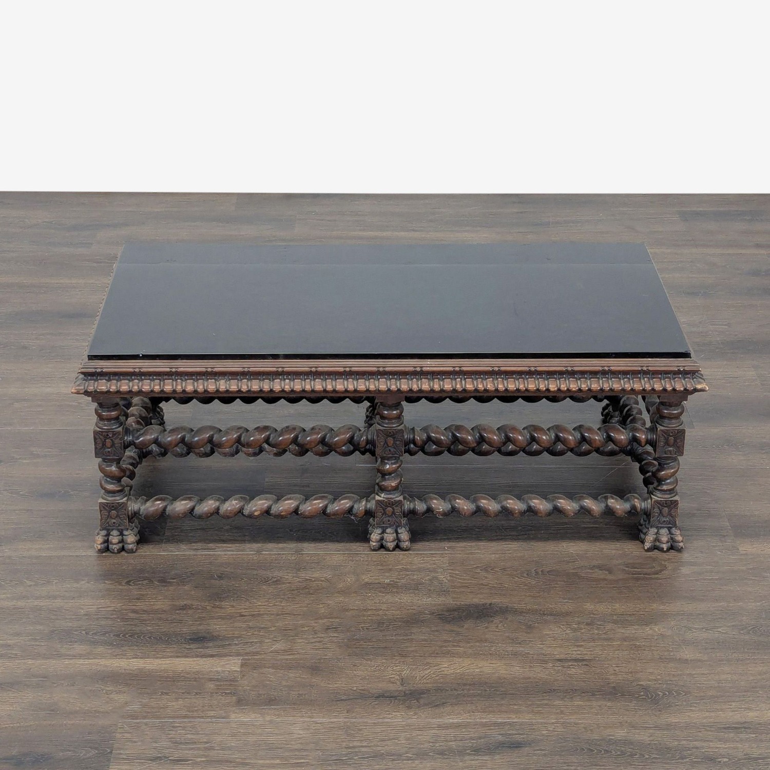 Vintage Glass Top Carved Coffee Table	 - image-4