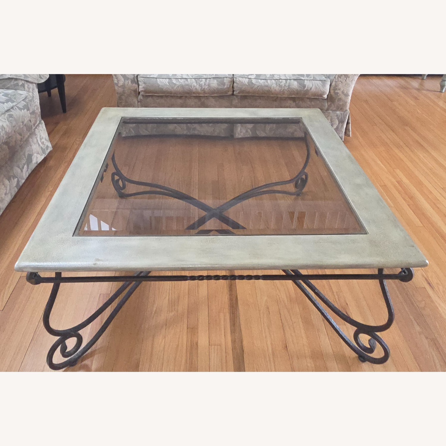 Light Gray Glass Wrought Iron Coffee Table - image-1