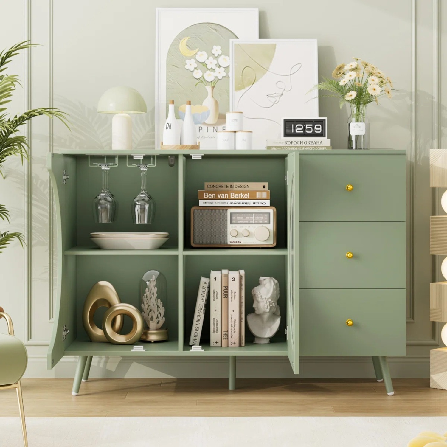 Green Sideboard W 3 Drawers & Wine Glass Holder - image-2