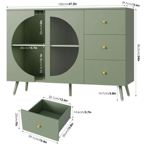 Used Green Sideboard W 3 Drawers & Wine Glass Holder for sale on AptDeco