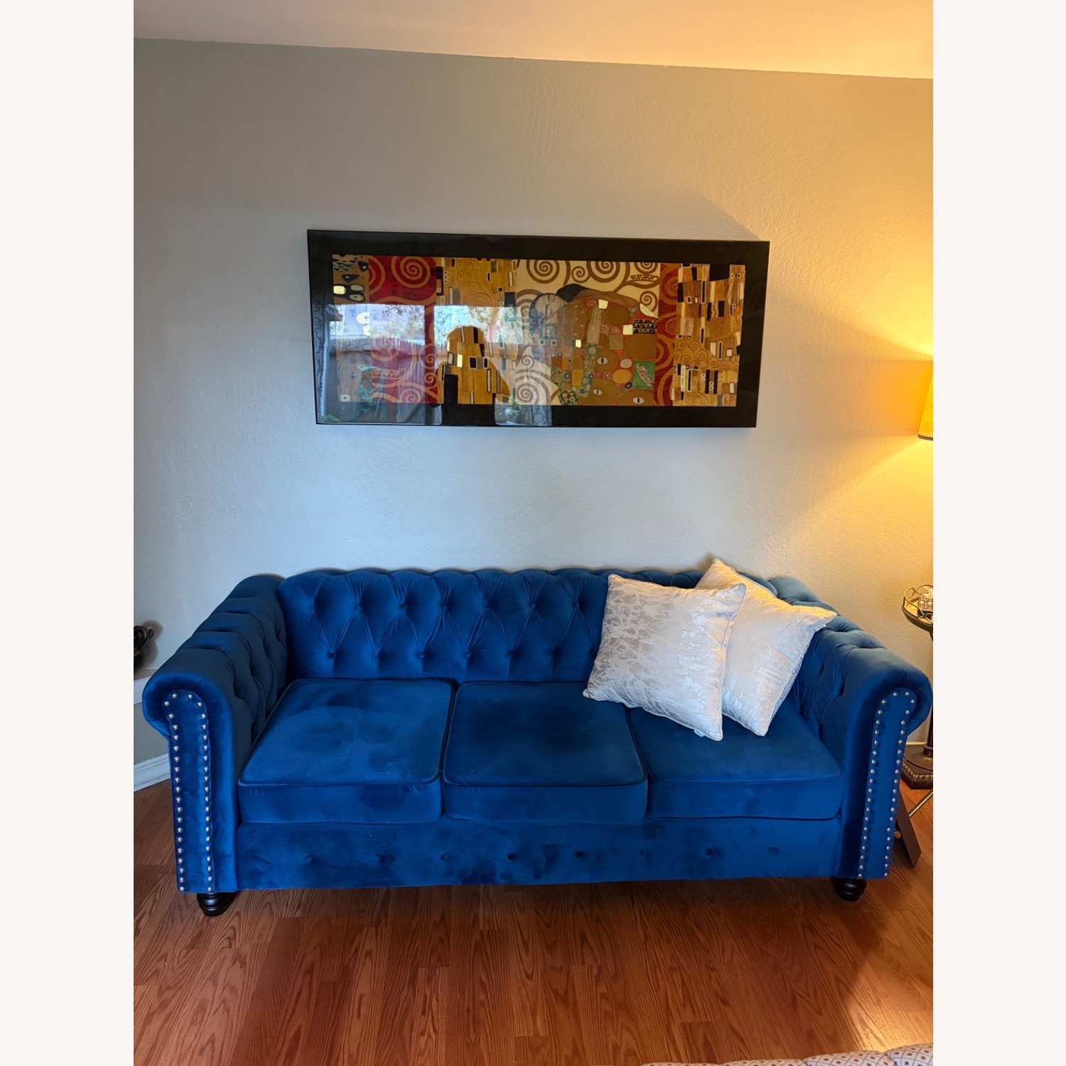 SPG Internaional Blue Couch with Silver Hardware and Wooden Legs - image-1