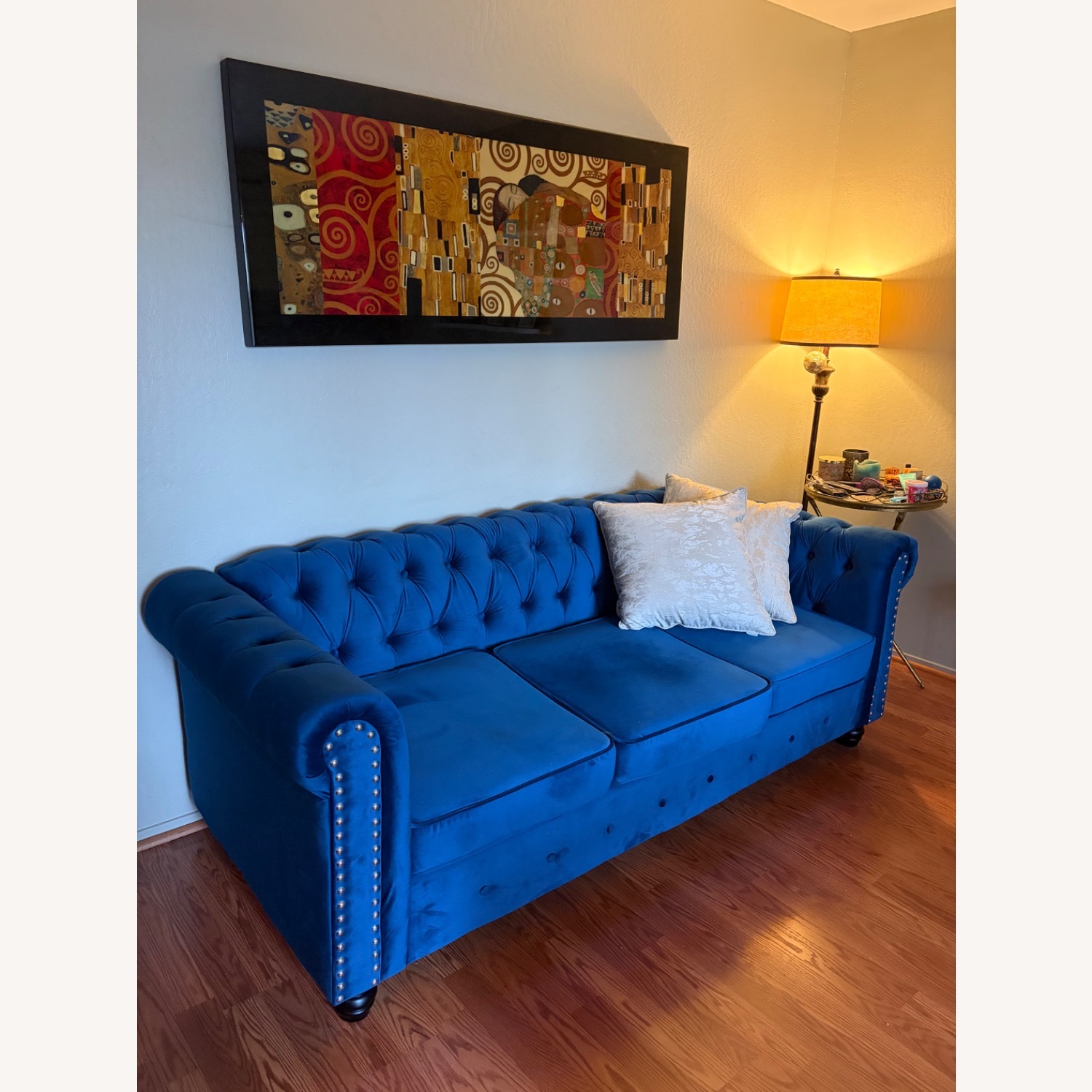 SPG Internaional Blue Couch with Silver Hardware and Wooden Legs - image-2
