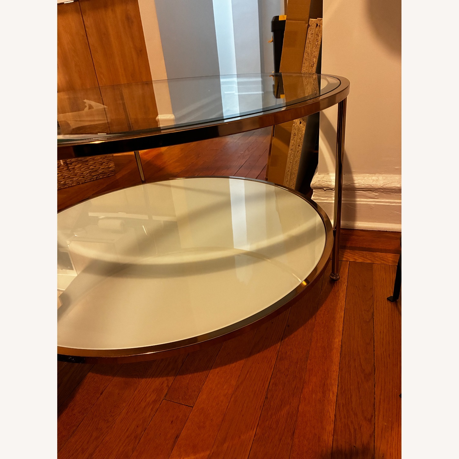Glass and Brass Colored Round Coffee Table - image-2
