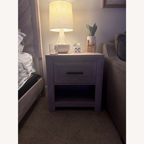 Used Bob's Discount Furniture Calvin White Light Gray Nightstand for sale on AptDeco