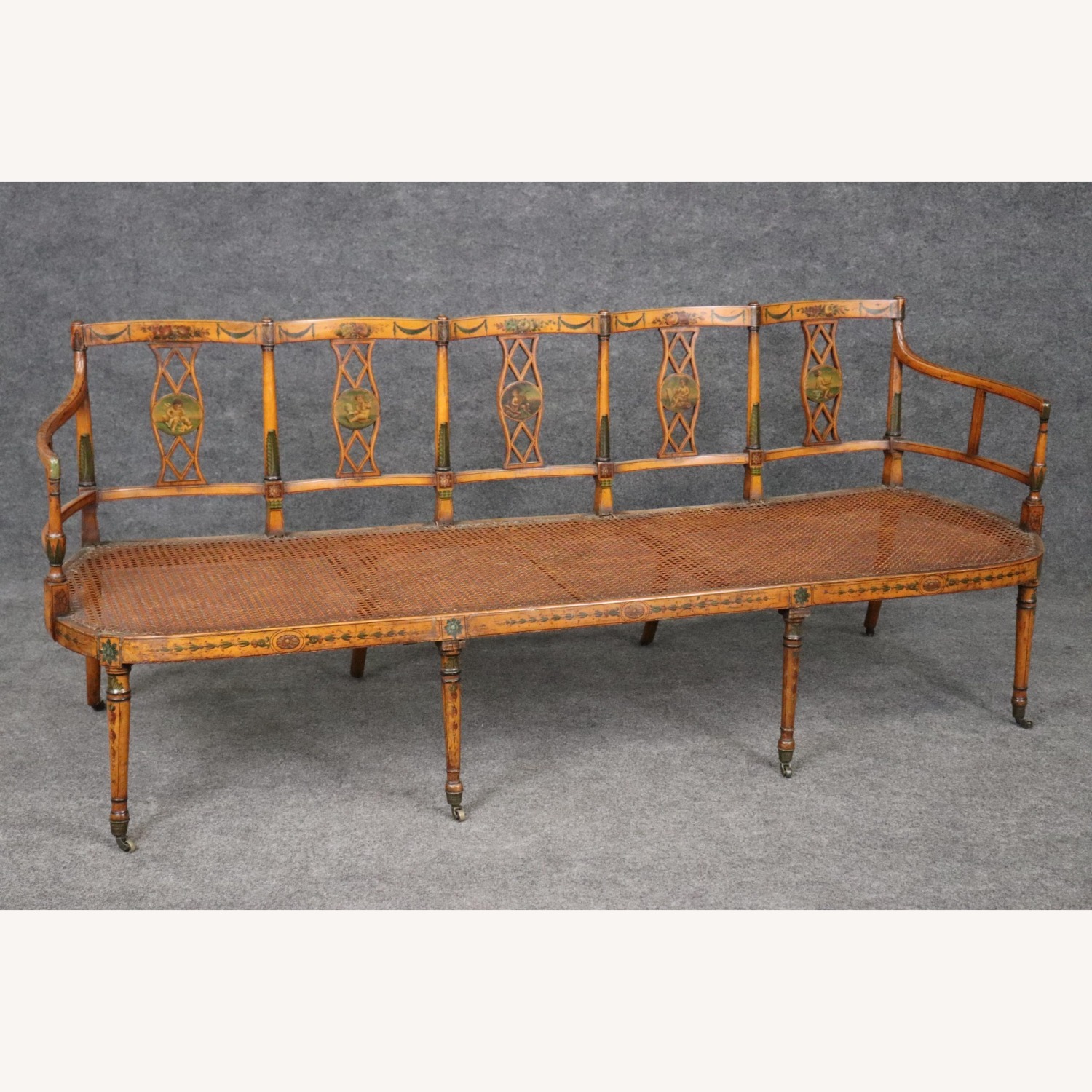 19th Century English Adams Style Cane Seat Settee - image-8