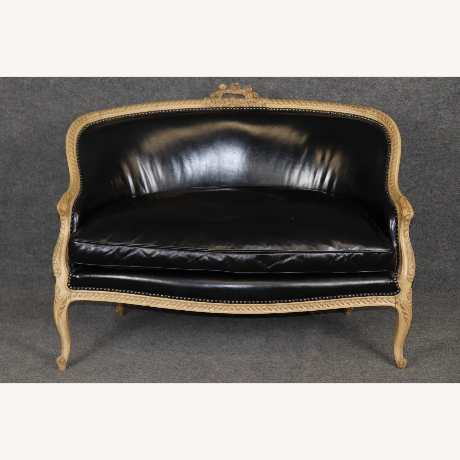 Antique Louis XV Leather Upholstered Carved Settee - image-8
