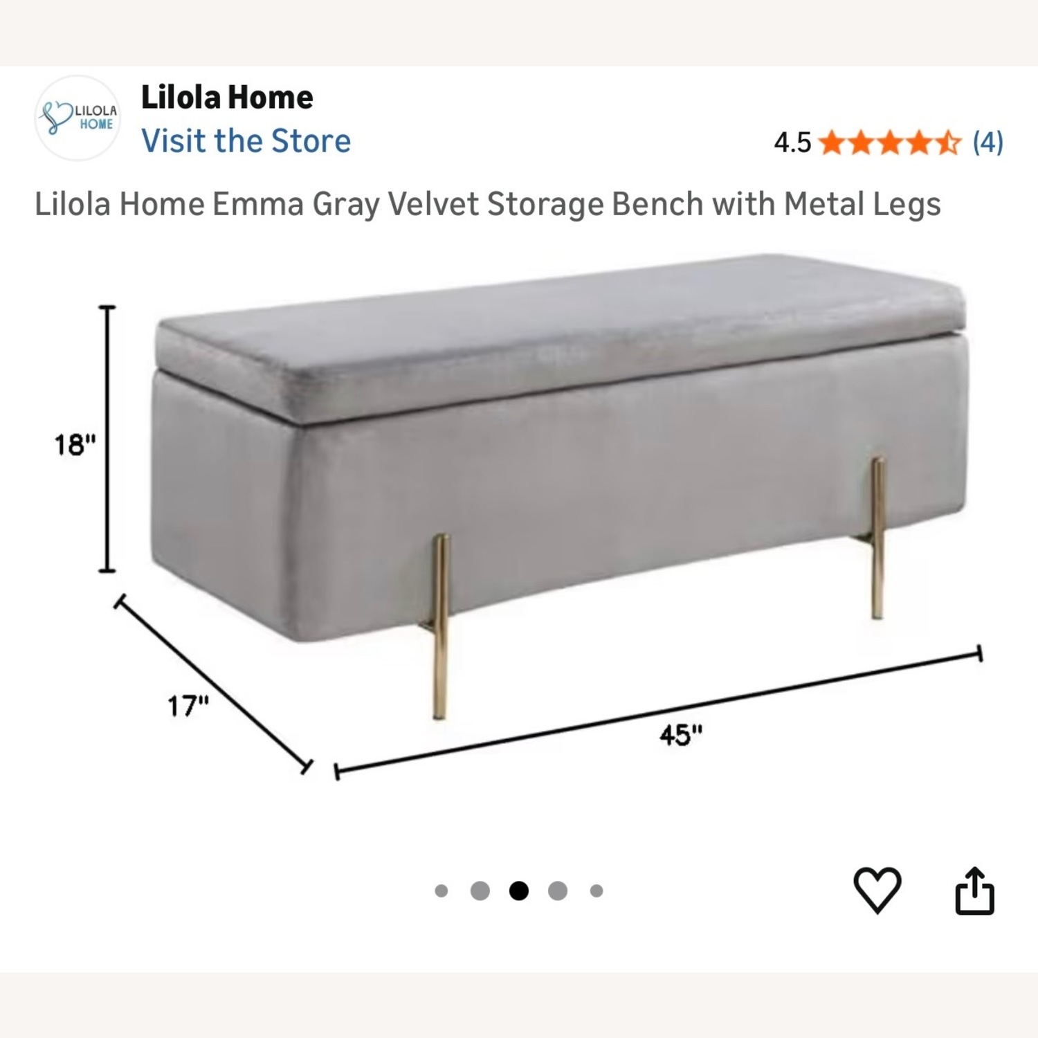 Amazon Liola Home Light Gray Velvet Bench - image-4