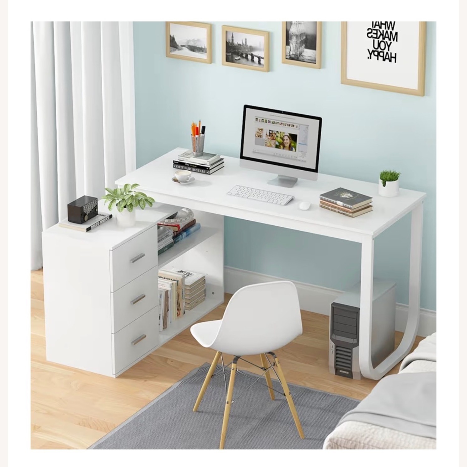 White L-Shaped Computer Desk - image-1
