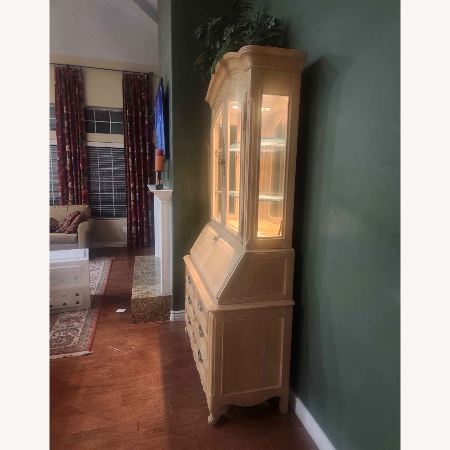 Vintage Secretary Desk Lighted Hutch Solid Wood - image-2