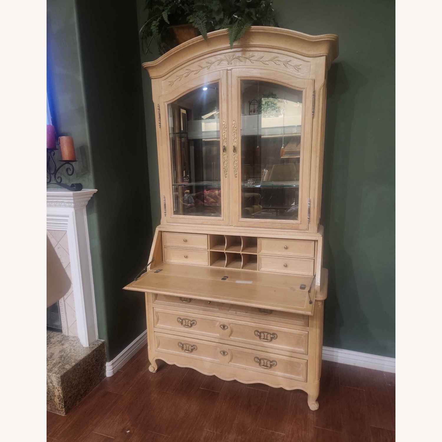 Vintage Secretary Desk Lighted Hutch Solid Wood - image-3