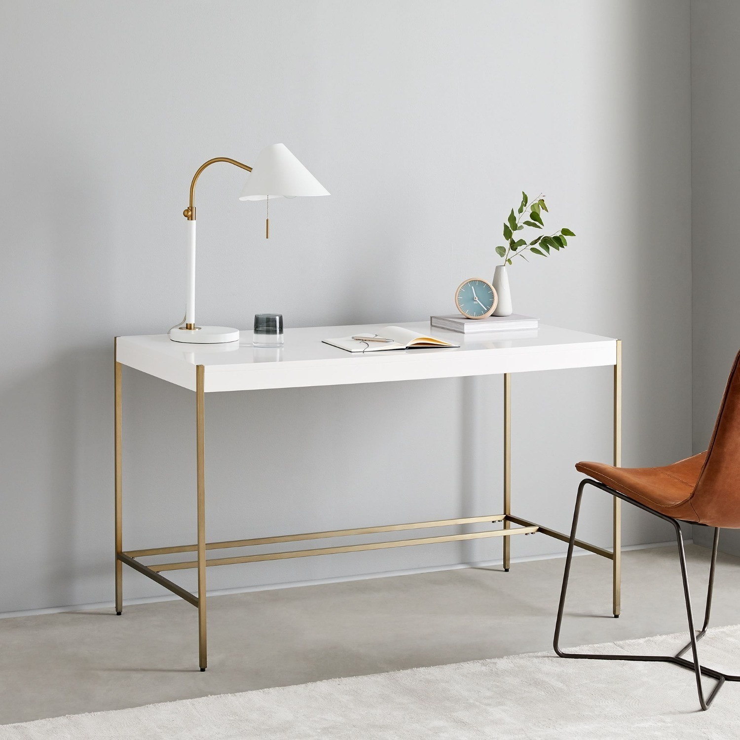 West Elm Zane Desk, White Lacquer/Antique Brass - image-3