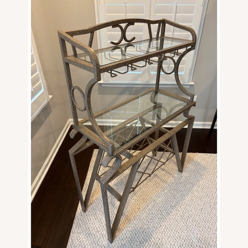 Used  Light Gray Metal Bar Table, Stools and Wine Rack for sale on AptDeco