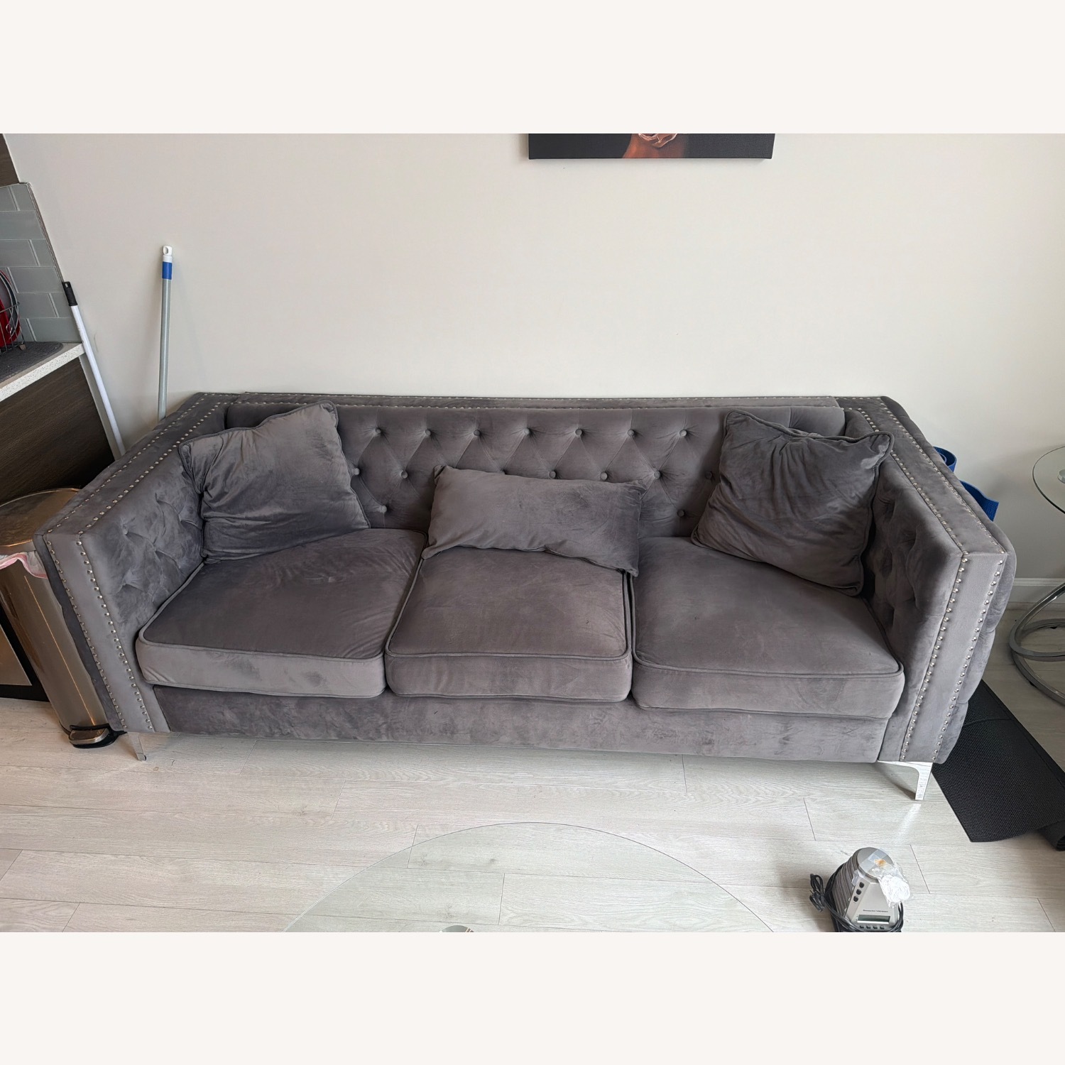 House of Hampton Light Gray Velvet 3+ Seater Sofa - image-2