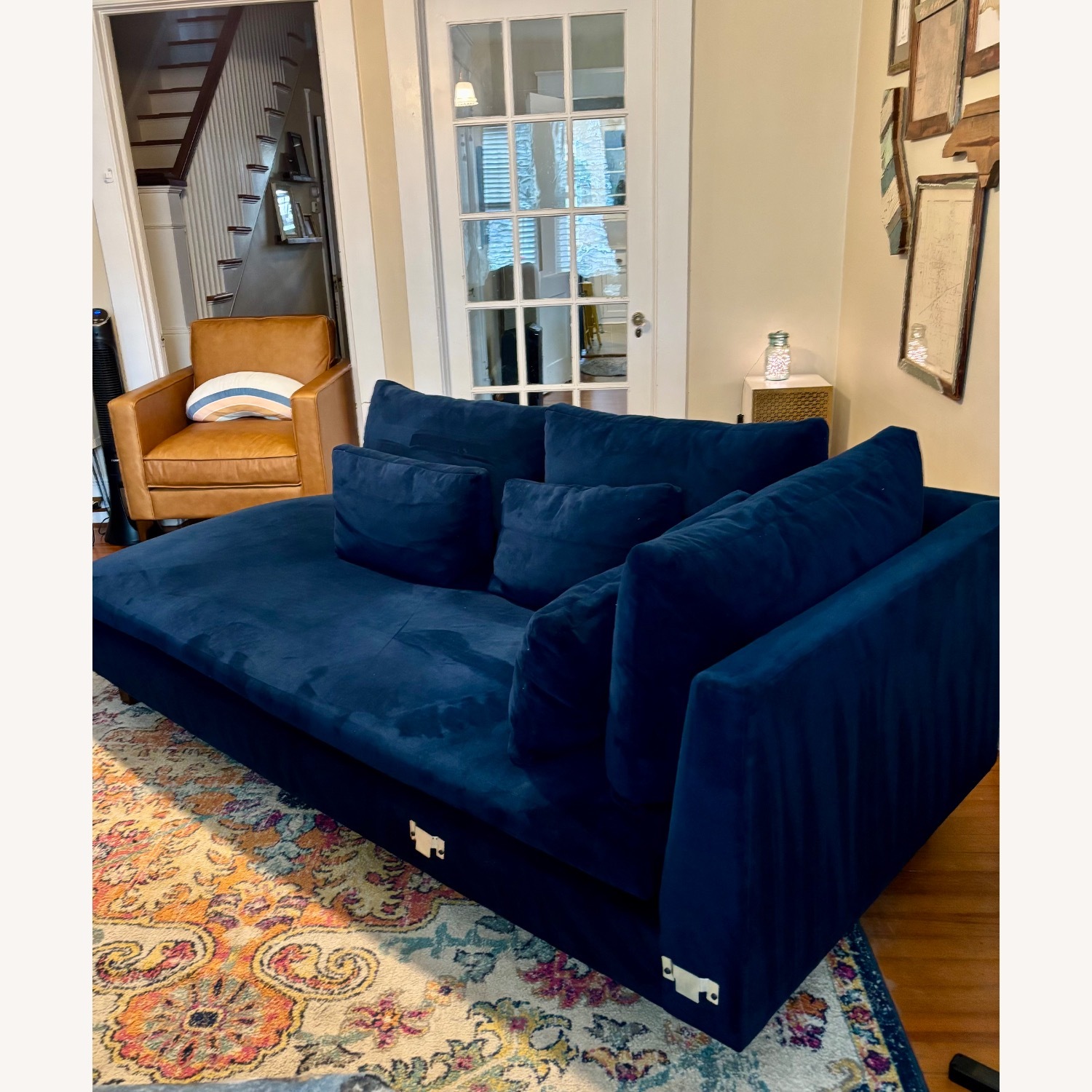 West Elm Harmony Ink Blue Velvet Chaise Lounge - image-3