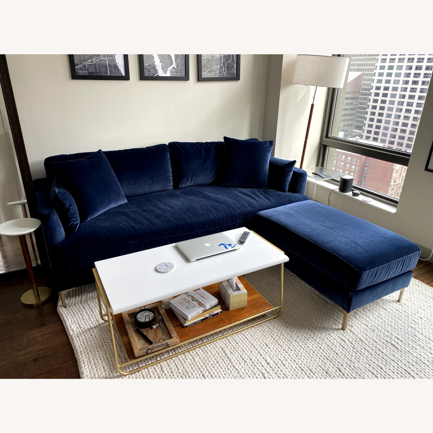 Interior Define Blue Velvet Sofa and Ottoman - image-1
